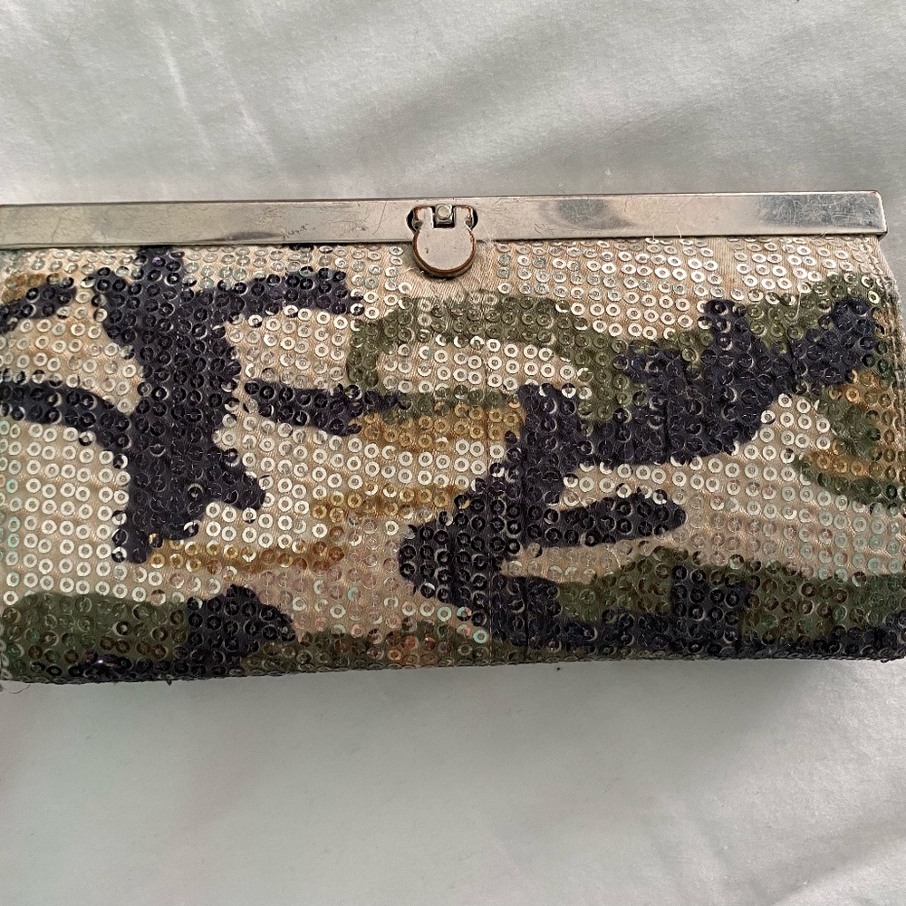 Sequined clutch, army print